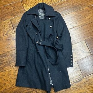 Guess Black and Gray Pea Coat with Tailored Design and Belt